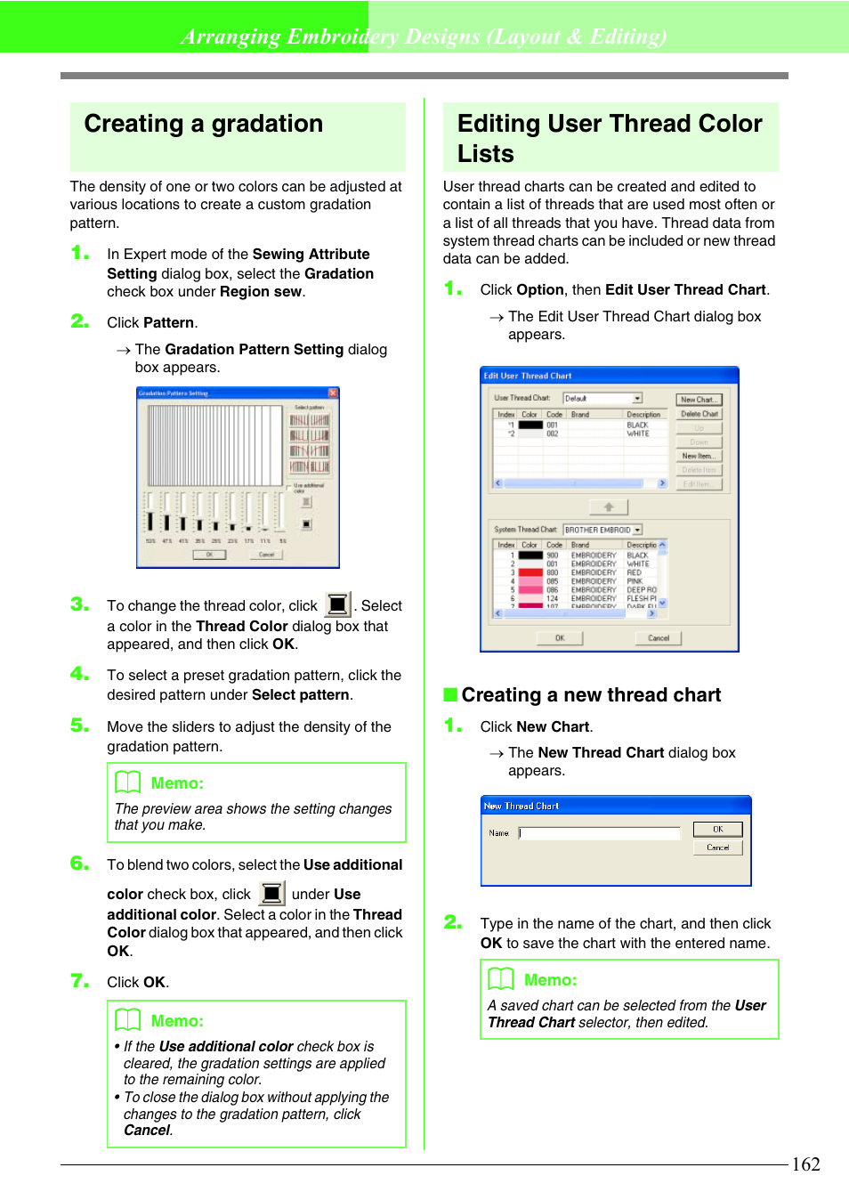 Creating a gradation, Editing user thread color lists, Arranging embroidery designs (layout & editing) | Brother PE-DESIGN V7 User Manual | Page 168 / 361