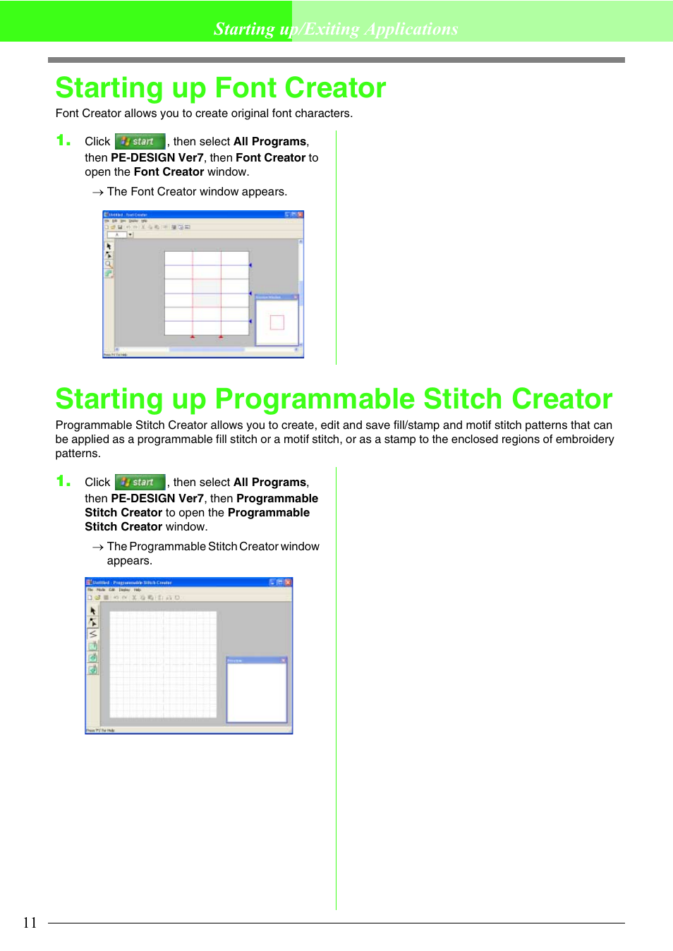 Starting up font creator, Starting up programmable stitch creator, Starting up/exiting applications | Brother PE-DESIGN V7 User Manual | Page 17 / 361