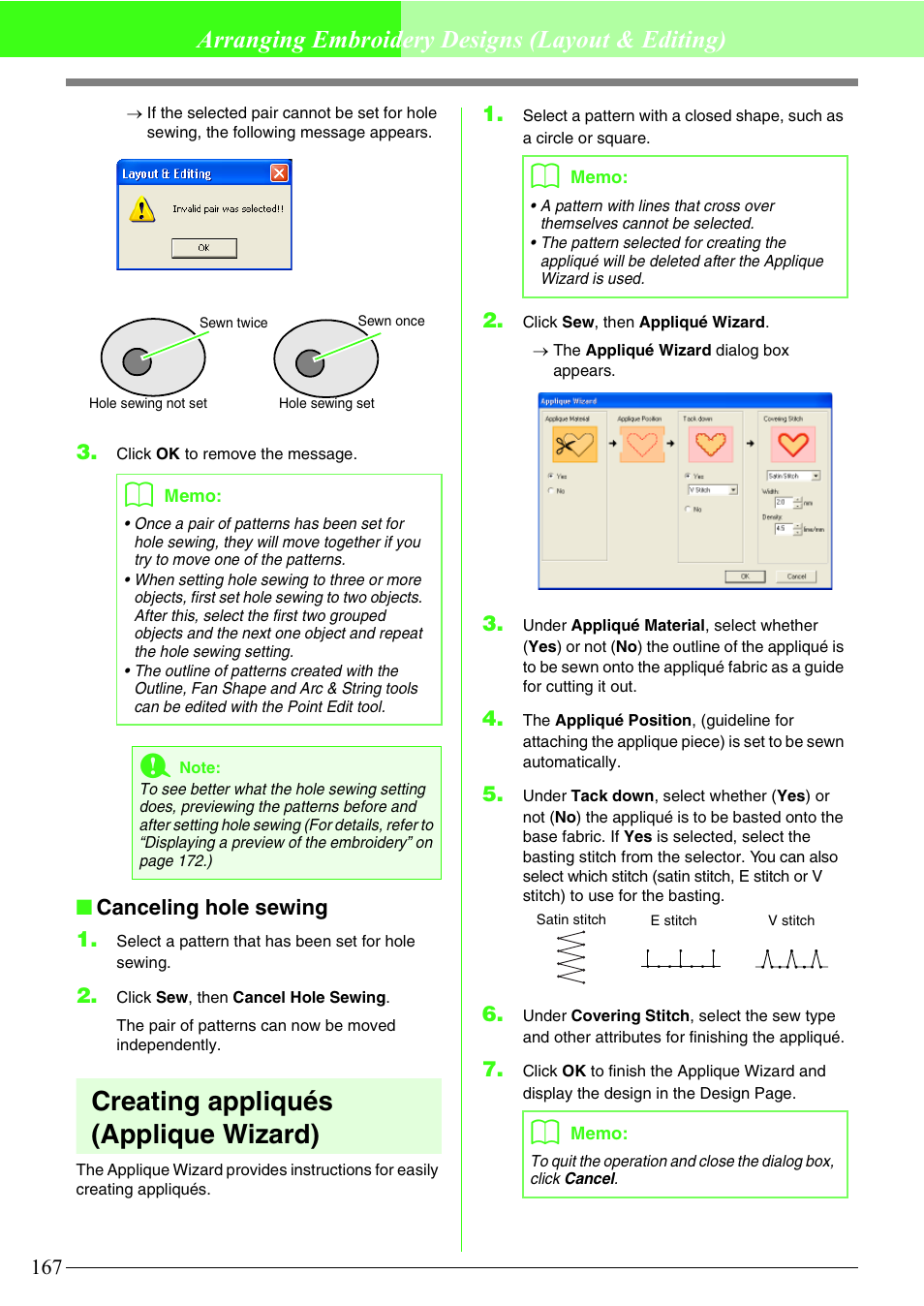 Creating appliqués (applique wizard), Arranging embroidery designs (layout & editing), Canceling hole sewing 1 | Brother PE-DESIGN V7 User Manual | Page 173 / 361