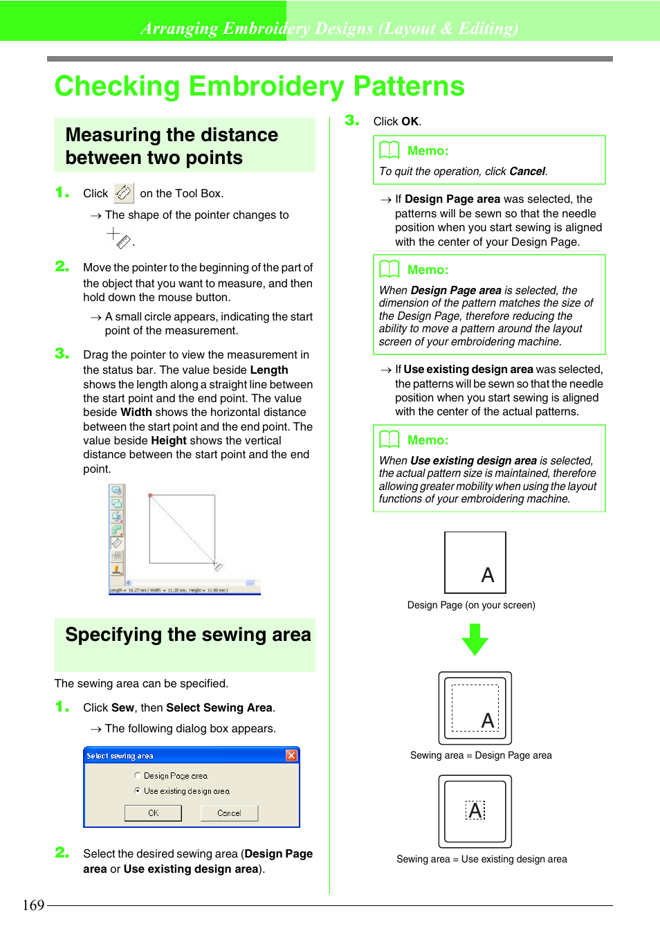 Checking embroidery patterns, Measuring the distance between two points, Specifying the sewing area | Arranging embroidery designs (layout & editing) | Brother PE-DESIGN V7 User Manual | Page 175 / 361