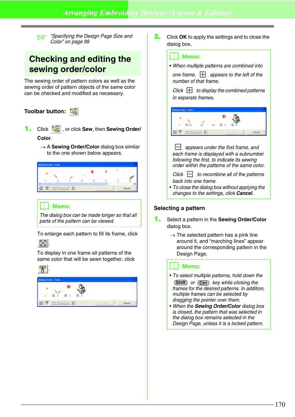 Checking and editing the sewing order/color, Arranging embroidery designs (layout & editing) | Brother PE-DESIGN V7 User Manual | Page 176 / 361