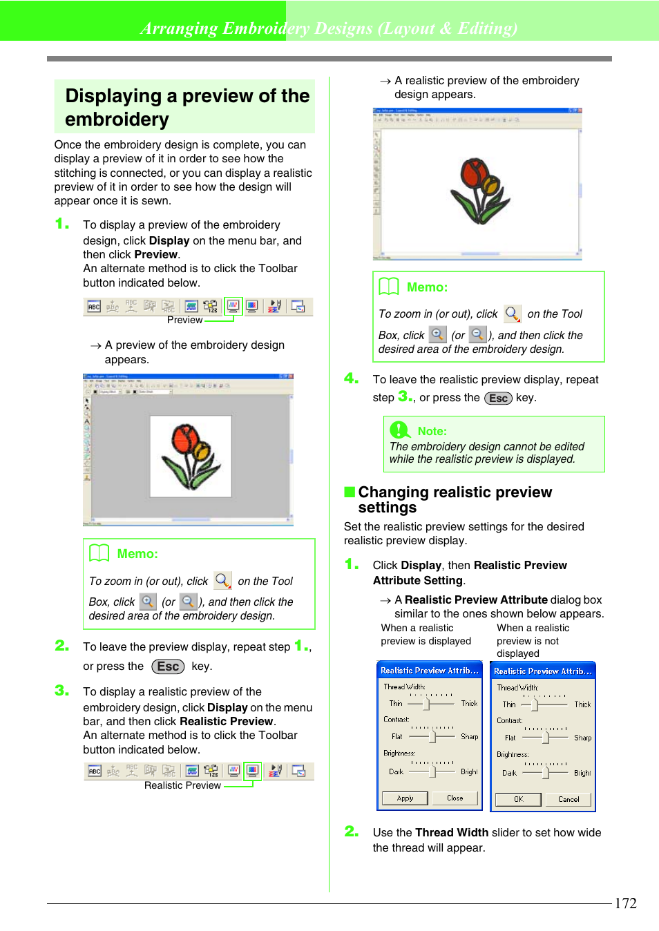 Displaying a preview of the embroidery, Arranging embroidery designs (layout & editing), Changing realistic preview settings | Brother PE-DESIGN V7 User Manual | Page 178 / 361