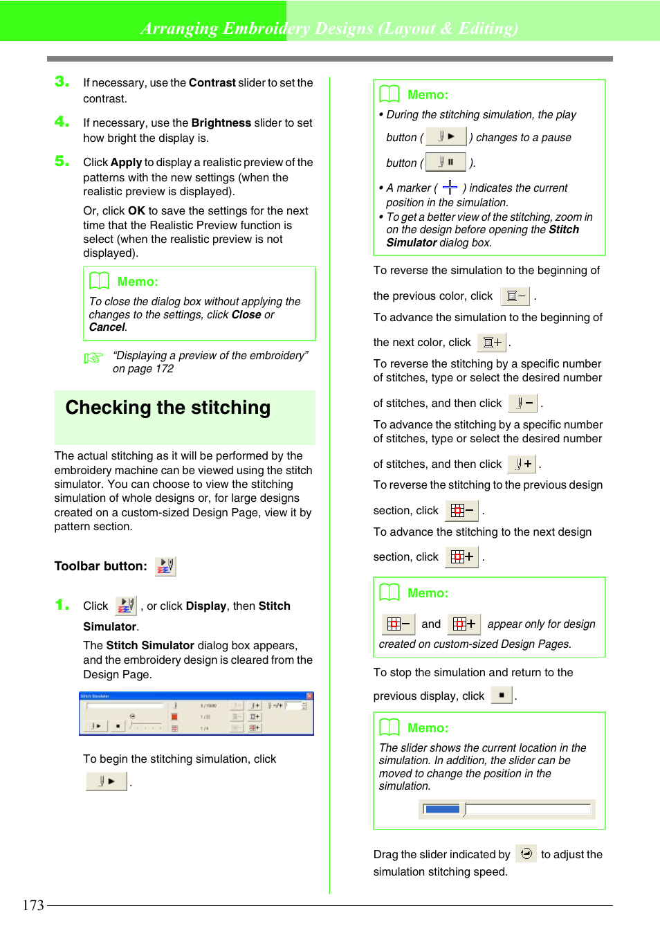 Checking the stitching, Arranging embroidery designs (layout & editing) | Brother PE-DESIGN V7 User Manual | Page 179 / 361