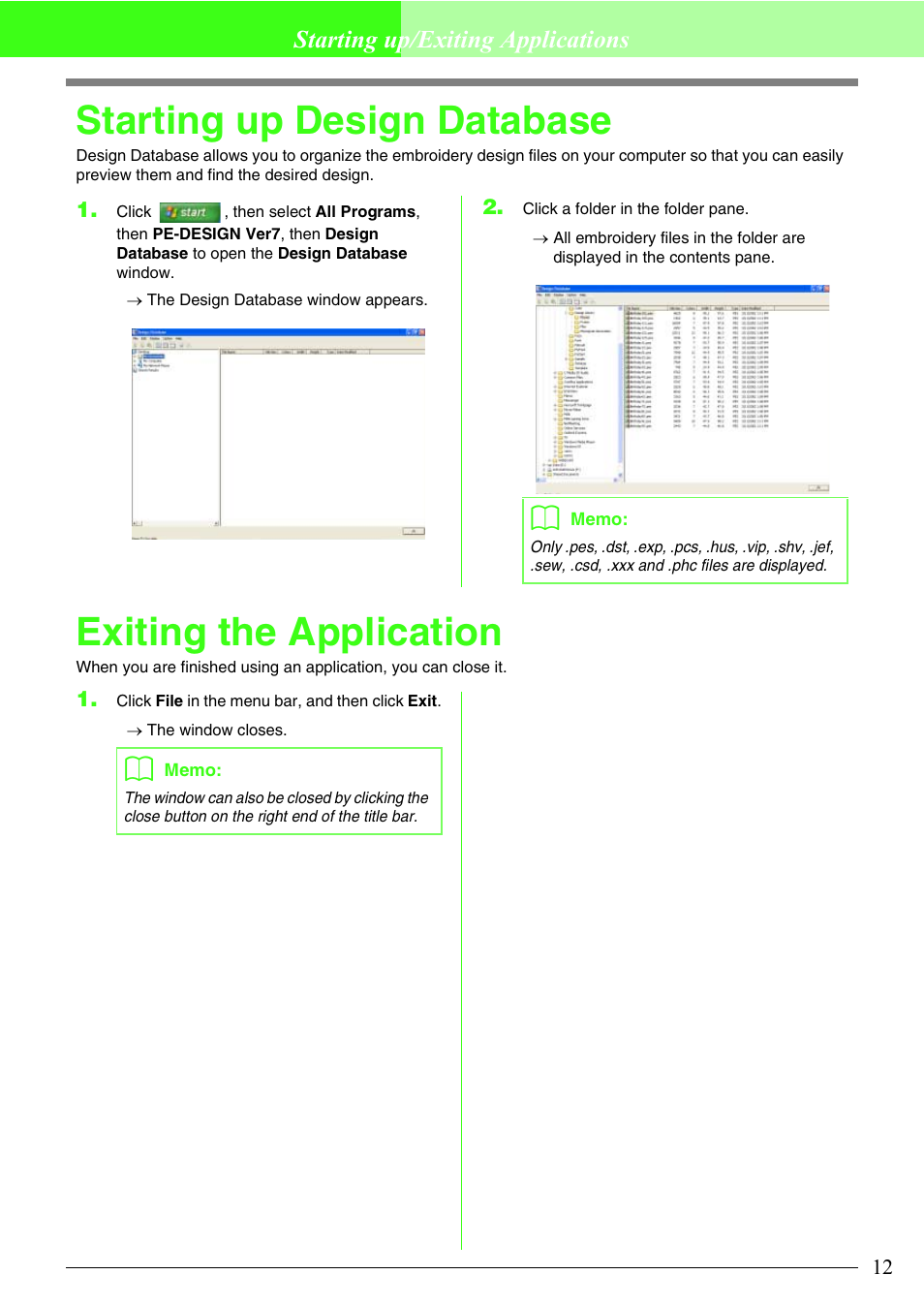 Starting up design database, Exiting the application, Starting up/exiting applications | Brother PE-DESIGN V7 User Manual | Page 18 / 361