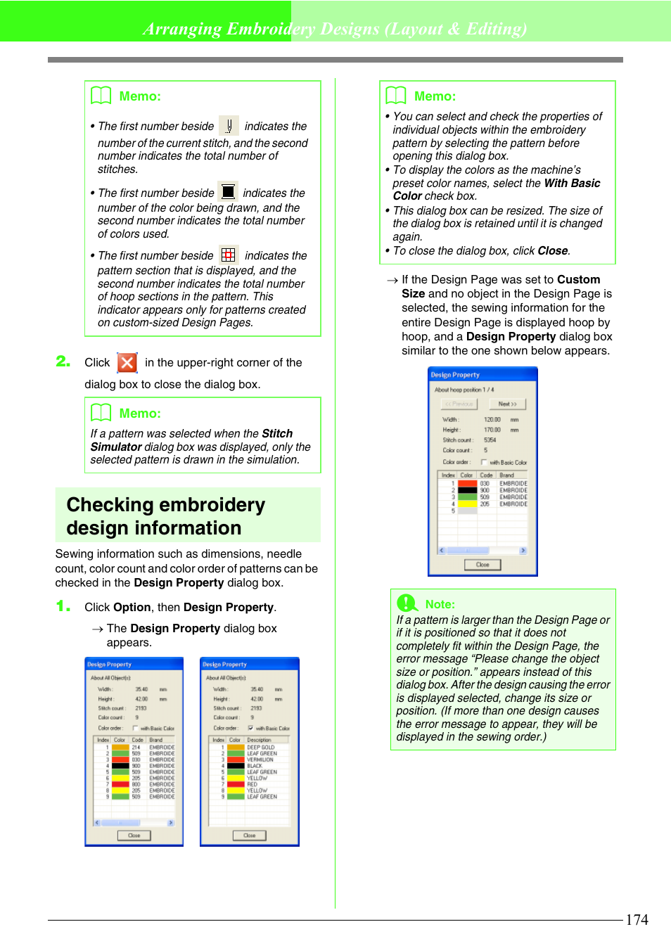 Checking embroidery design information, Arranging embroidery designs (layout & editing) | Brother PE-DESIGN V7 User Manual | Page 180 / 361