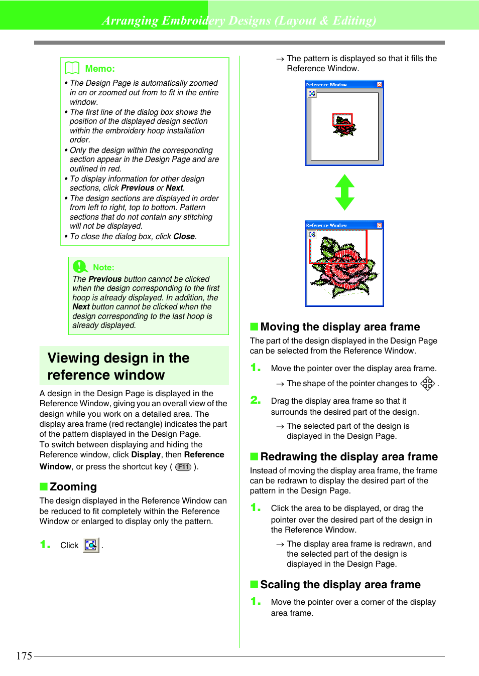 Viewing design in the reference window, Arranging embroidery designs (layout & editing), Zooming | Moving the display area frame, Redrawing the display area frame, Scaling the display area frame 1 | Brother PE-DESIGN V7 User Manual | Page 181 / 361