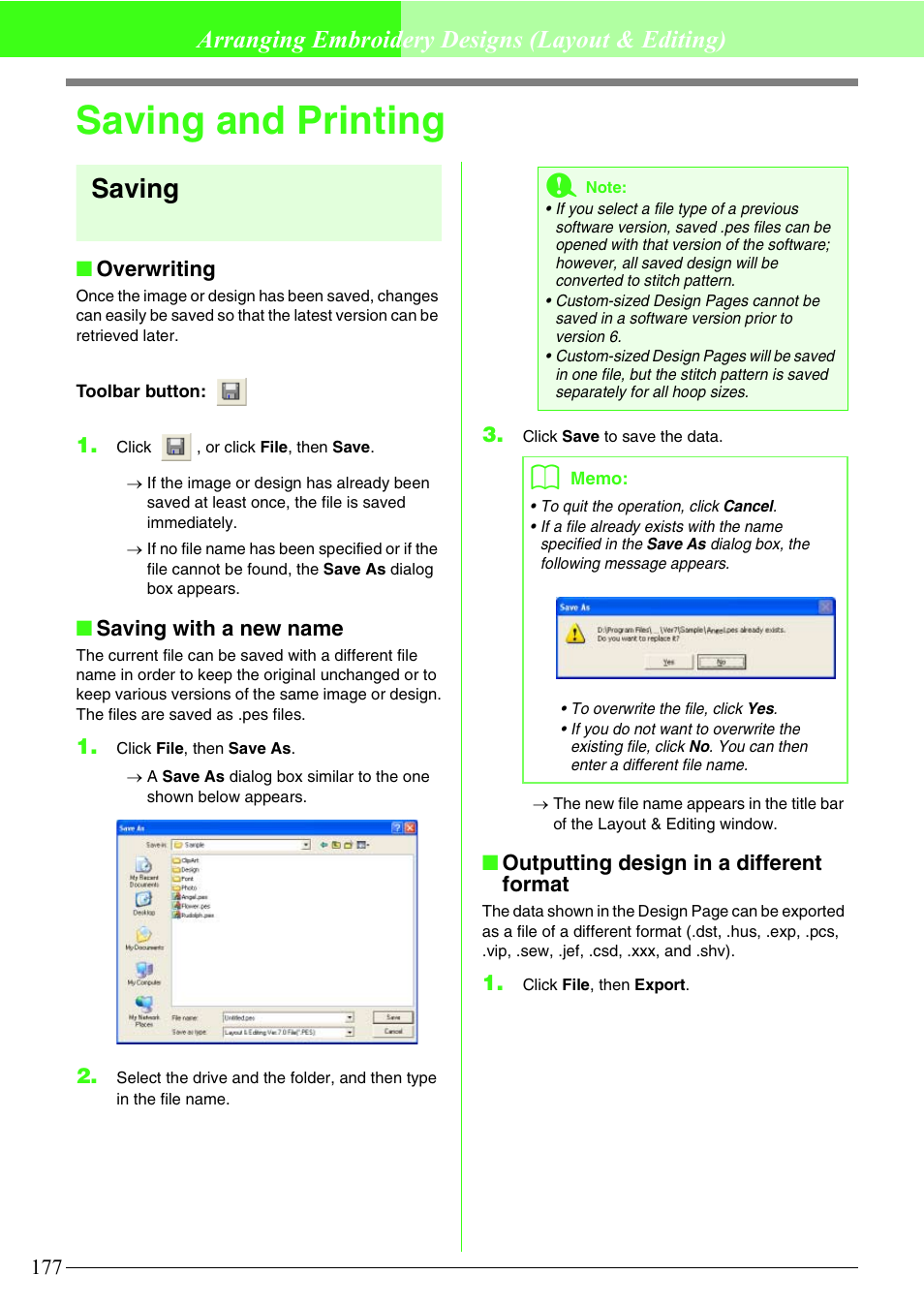 Saving and printing, Saving, Arranging embroidery designs (layout & editing) | Brother PE-DESIGN V7 User Manual | Page 183 / 361