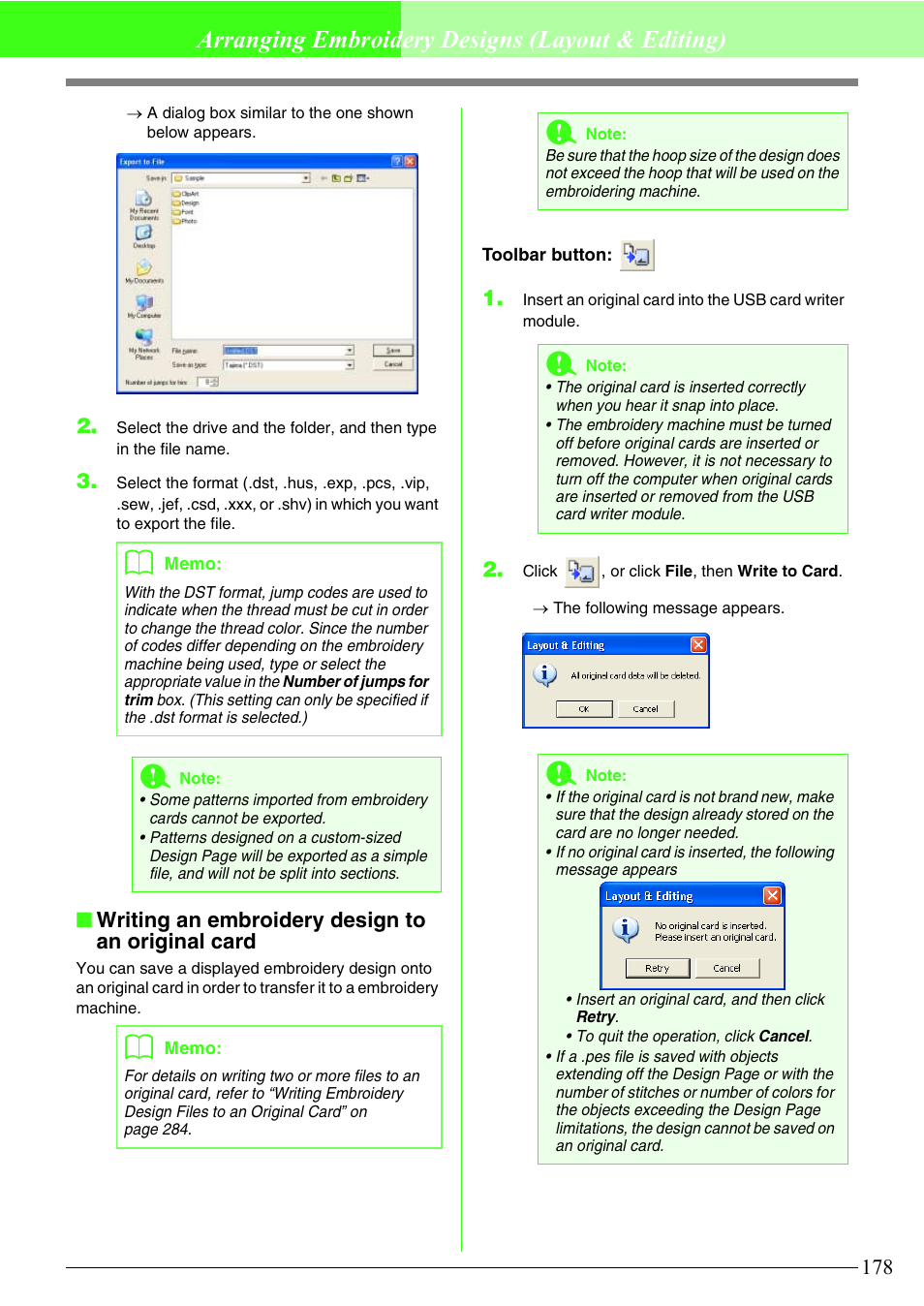 Arranging embroidery designs (layout & editing), Writing an embroidery design to an original card | Brother PE-DESIGN V7 User Manual | Page 184 / 361