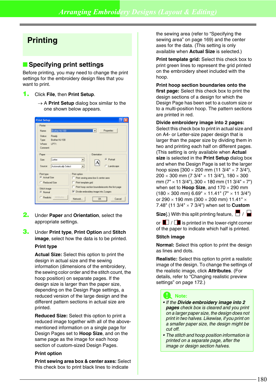 Printing, Arranging embroidery designs (layout & editing), Specifying print settings | Brother PE-DESIGN V7 User Manual | Page 186 / 361