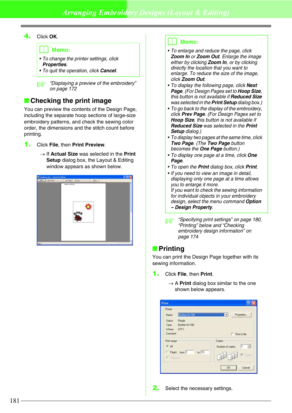 Arranging embroidery designs (layout & editing), Checking the print image, Printing | Brother PE-DESIGN V7 User Manual | Page 187 / 361