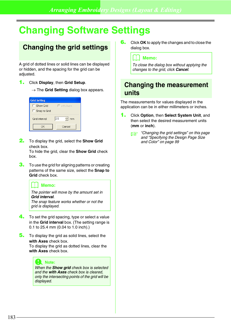 Changing software settings, Changing the grid settings, Changing the measurement units | Arranging embroidery designs (layout & editing) | Brother PE-DESIGN V7 User Manual | Page 189 / 361