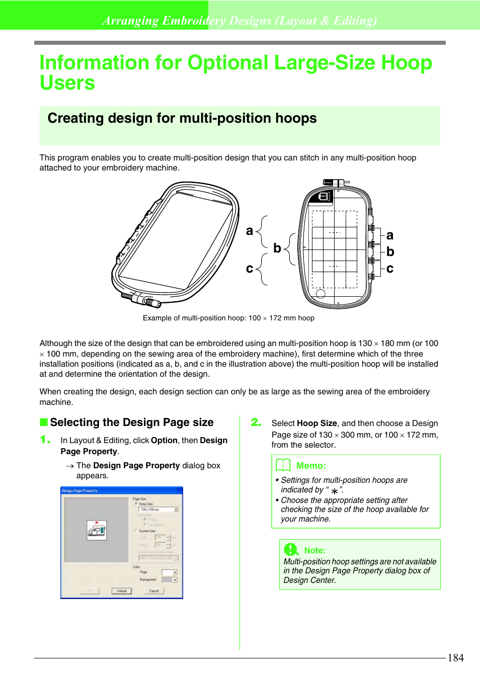 Information for optional large-size hoop users, Creating design for multi-position hoops, Arranging embroidery designs (layout & editing) | Brother PE-DESIGN V7 User Manual | Page 190 / 361