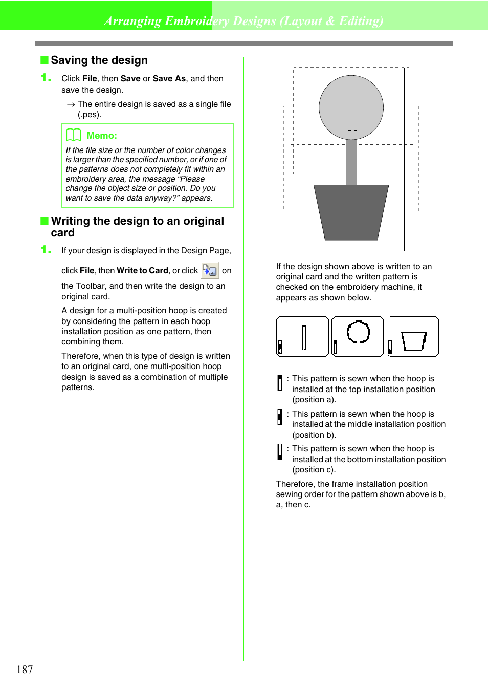 Arranging embroidery designs (layout & editing), Saving the design 1, Writing the design to an original card 1 | Brother PE-DESIGN V7 User Manual | Page 193 / 361