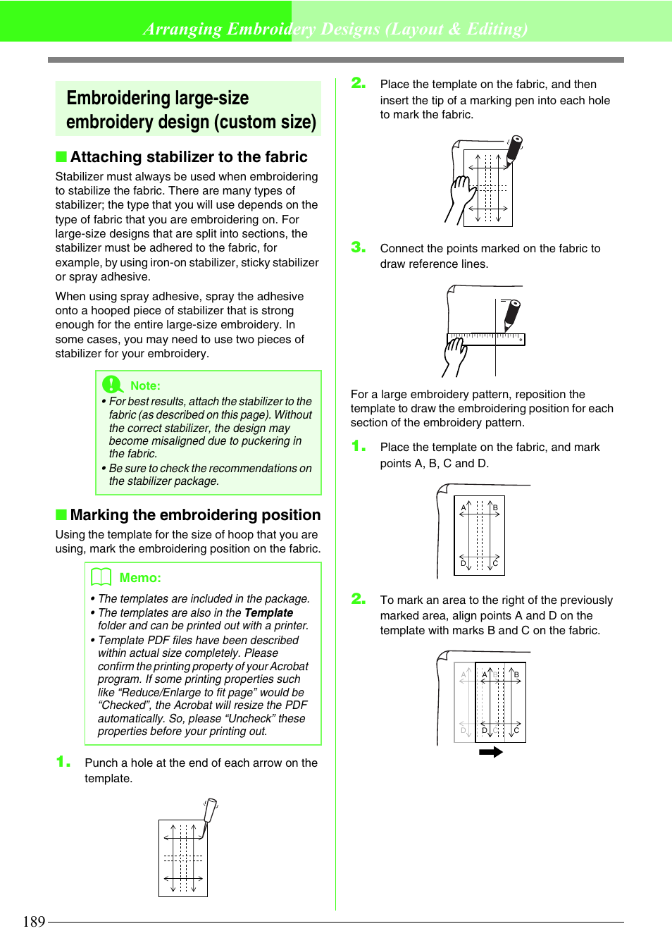 Arranging embroidery designs (layout & editing), Attaching stabilizer to the fabric, Marking the embroidering position | Brother PE-DESIGN V7 User Manual | Page 195 / 361