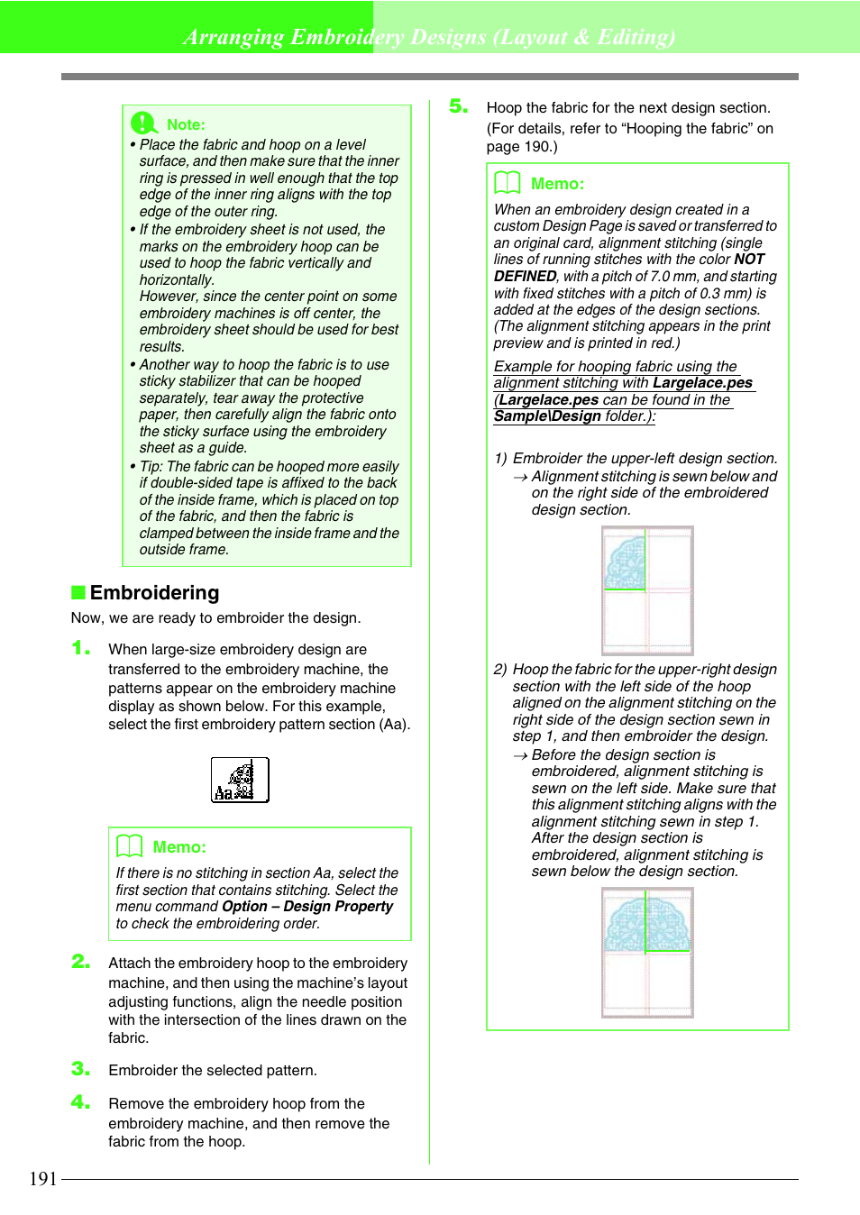 Arranging embroidery designs (layout & editing), Embroidering | Brother PE-DESIGN V7 User Manual | Page 197 / 361