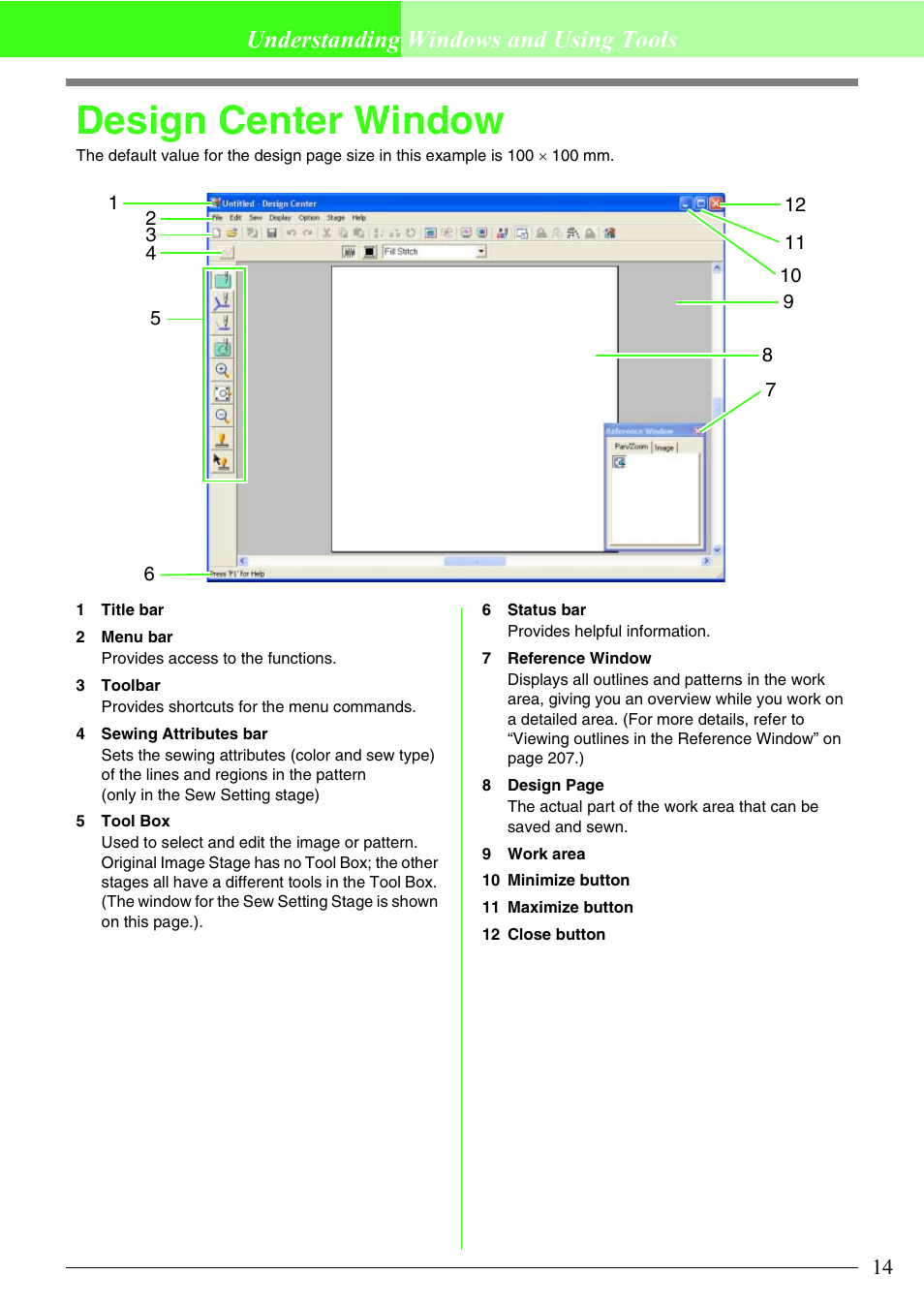 Design center window, Understanding windows and using tools | Brother PE-DESIGN V7 User Manual | Page 20 / 361