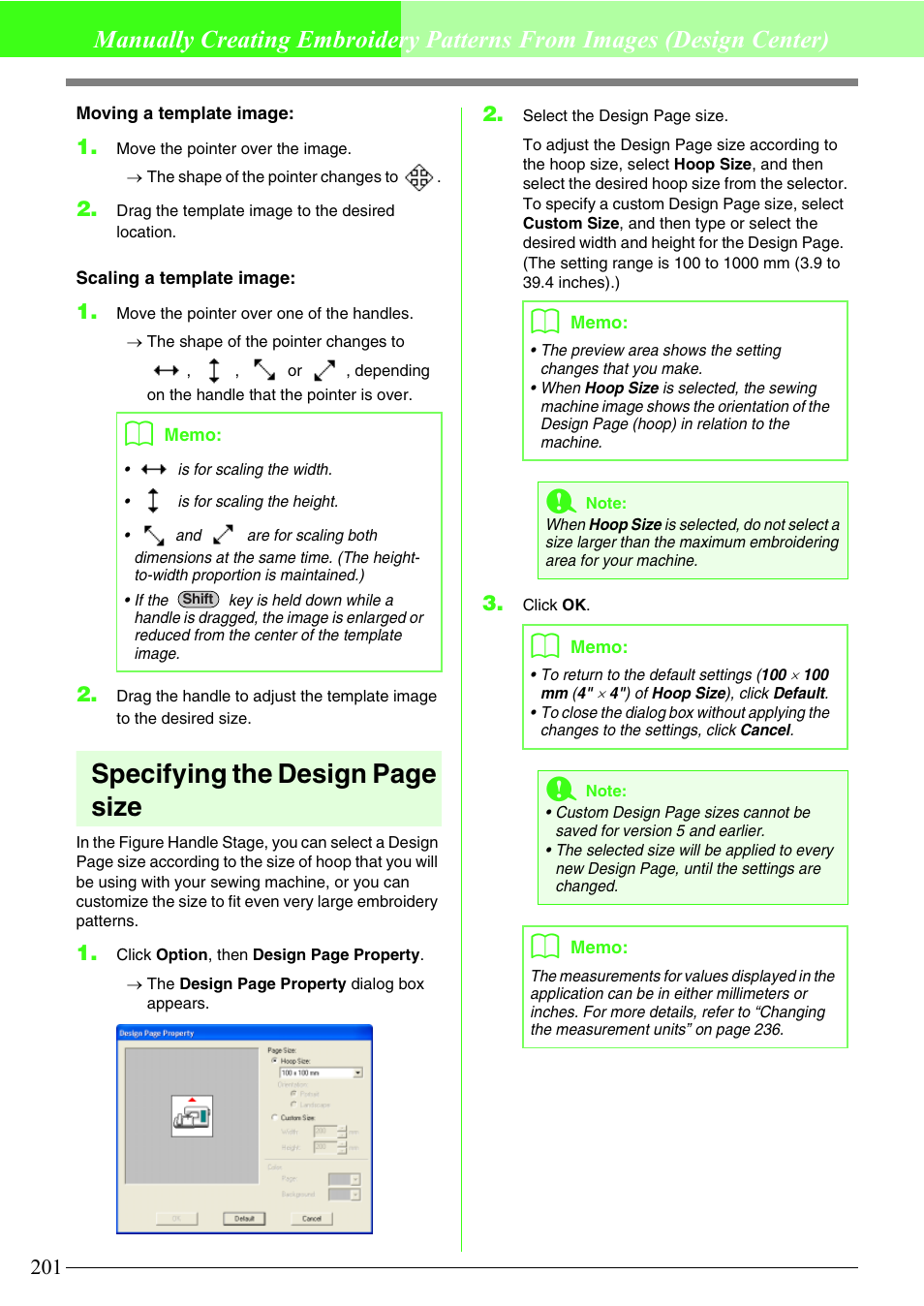 Specifying the design page size | Brother PE-DESIGN V7 User Manual | Page 207 / 361