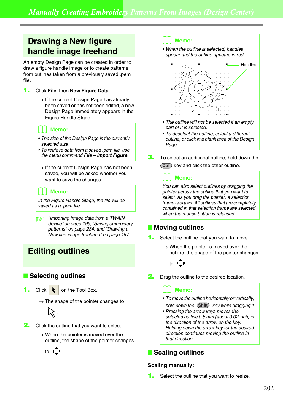 Drawing a new figure handle image freehand, Editing outlines, Selecting outlines 1 | Moving outlines 1, Scaling outlines | Brother PE-DESIGN V7 User Manual | Page 208 / 361