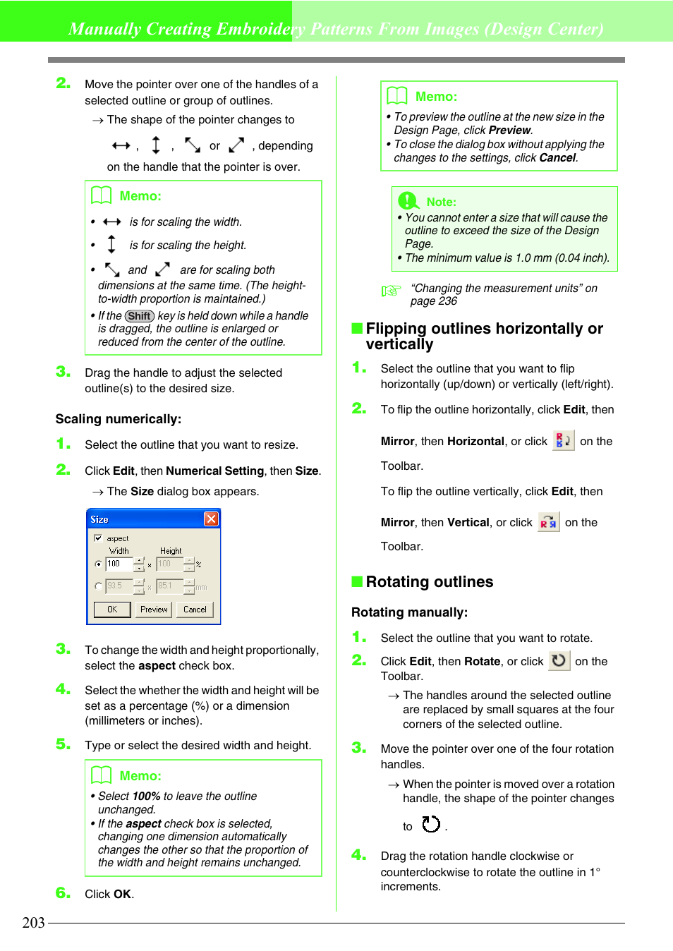 Flipping outlines horizontally or vertically 1, Rotating outlines | Brother PE-DESIGN V7 User Manual | Page 209 / 361