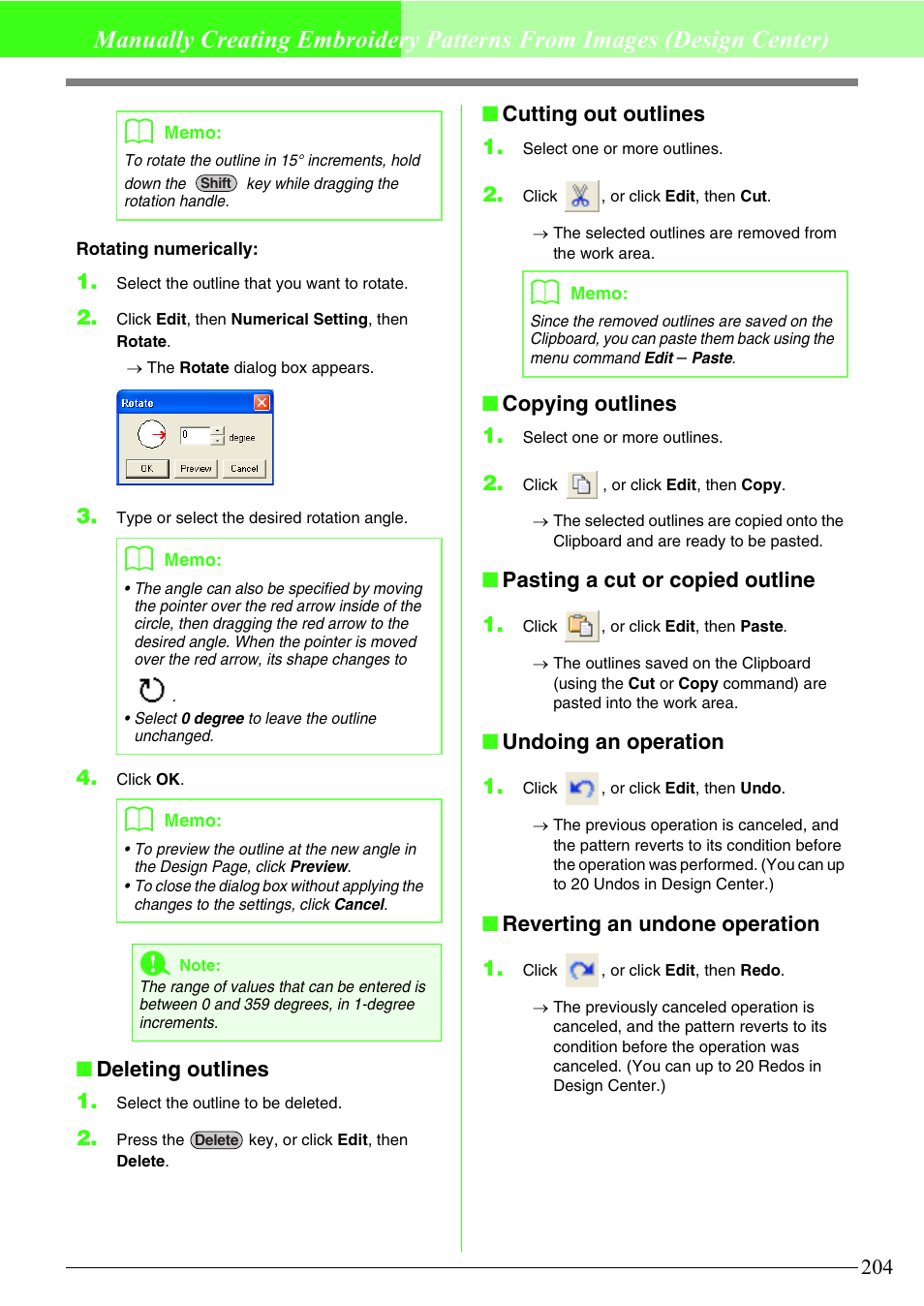 Deleting outlines 1, Cutting out outlines 1, Copying outlines 1 | Pasting a cut or copied outline 1, Undoing an operation 1, Reverting an undone operation 1 | Brother PE-DESIGN V7 User Manual | Page 210 / 361