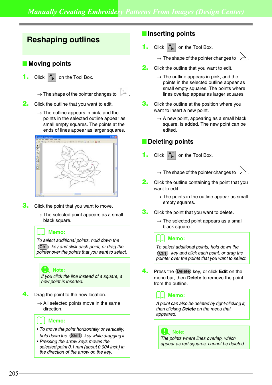 Reshaping outlines, Moving points 1, Inserting points 1 | Deleting points 1 | Brother PE-DESIGN V7 User Manual | Page 211 / 361