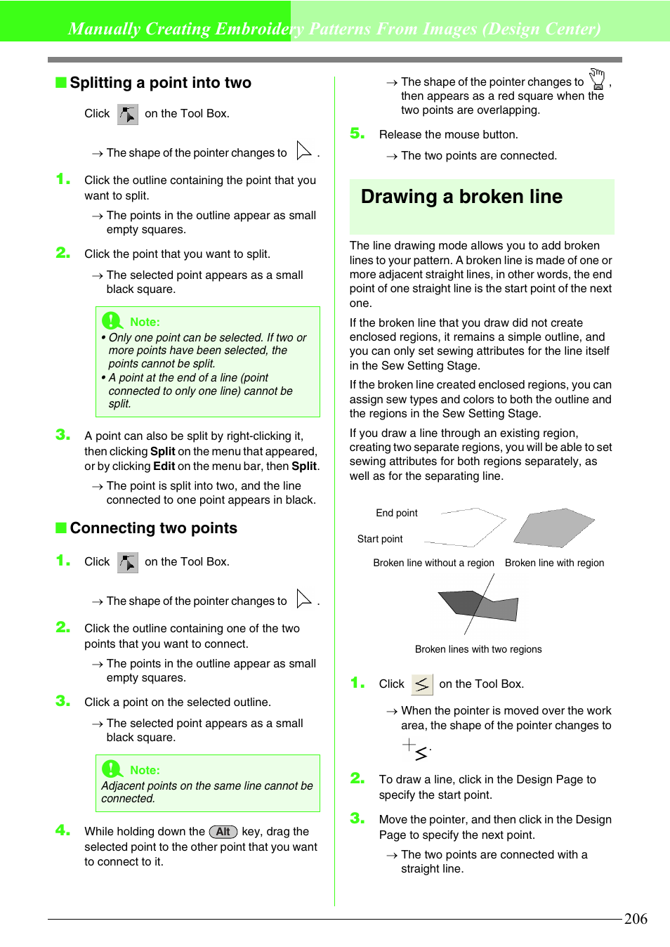 Drawing a broken line, Splitting a point into two, Connecting two points 1 | Brother PE-DESIGN V7 User Manual | Page 212 / 361