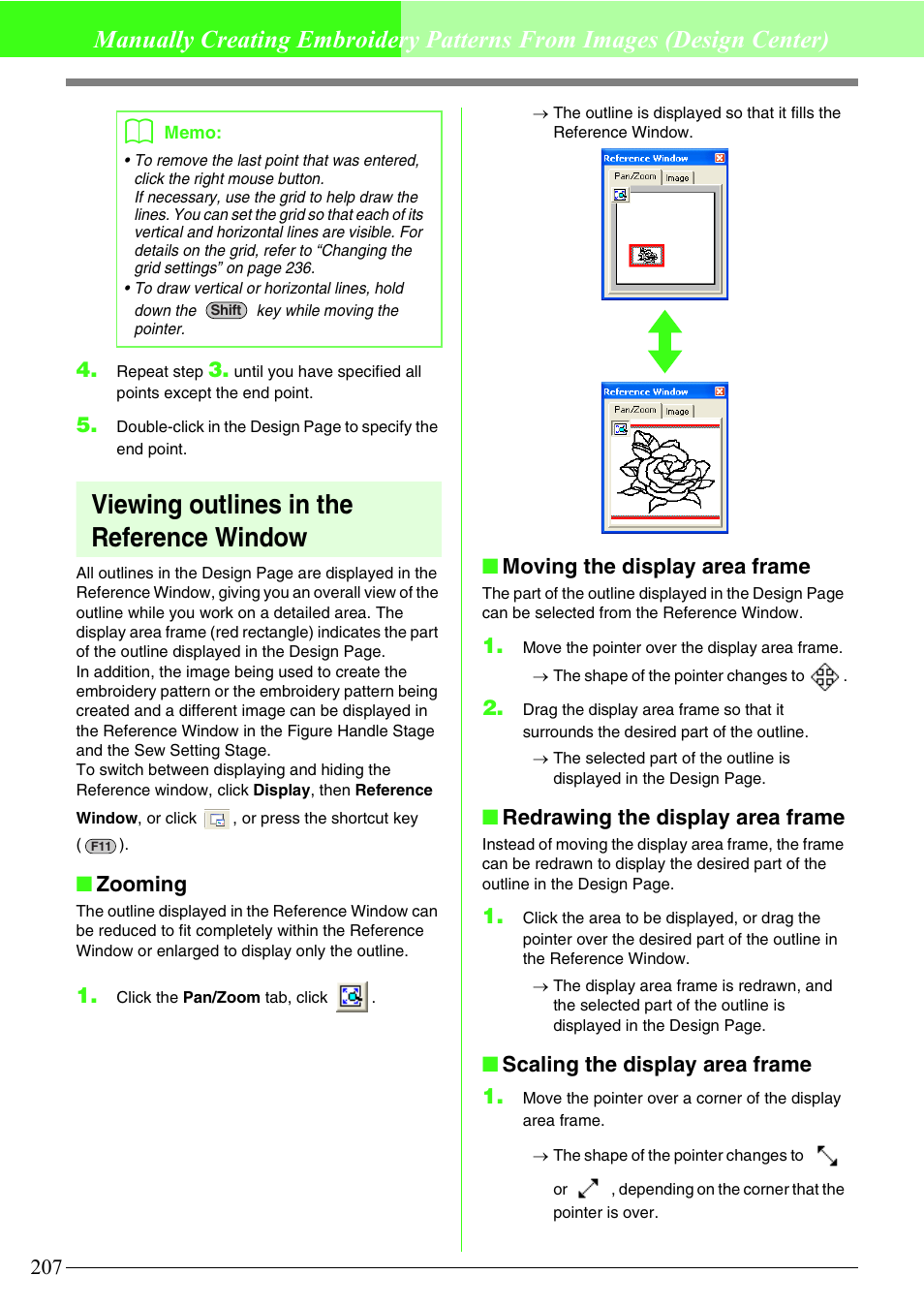 Viewing outlines in the reference window, Zooming, Moving the display area frame | Redrawing the display area frame, Scaling the display area frame 1 | Brother PE-DESIGN V7 User Manual | Page 213 / 361