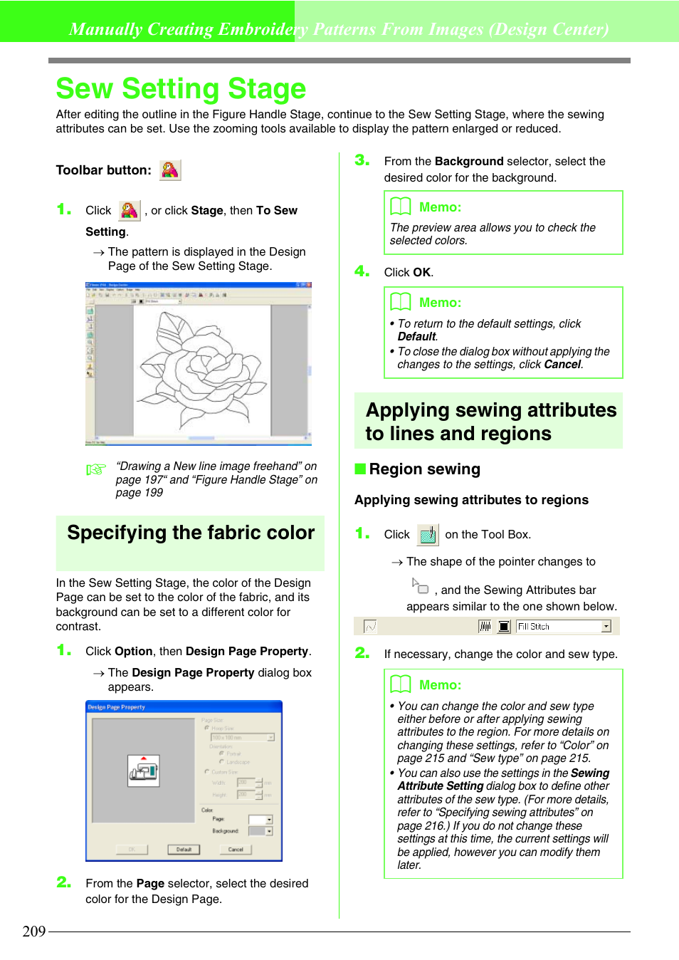 Sew setting stage, Specifying the fabric color, Applying sewing attributes to lines and regions | Brother PE-DESIGN V7 User Manual | Page 215 / 361