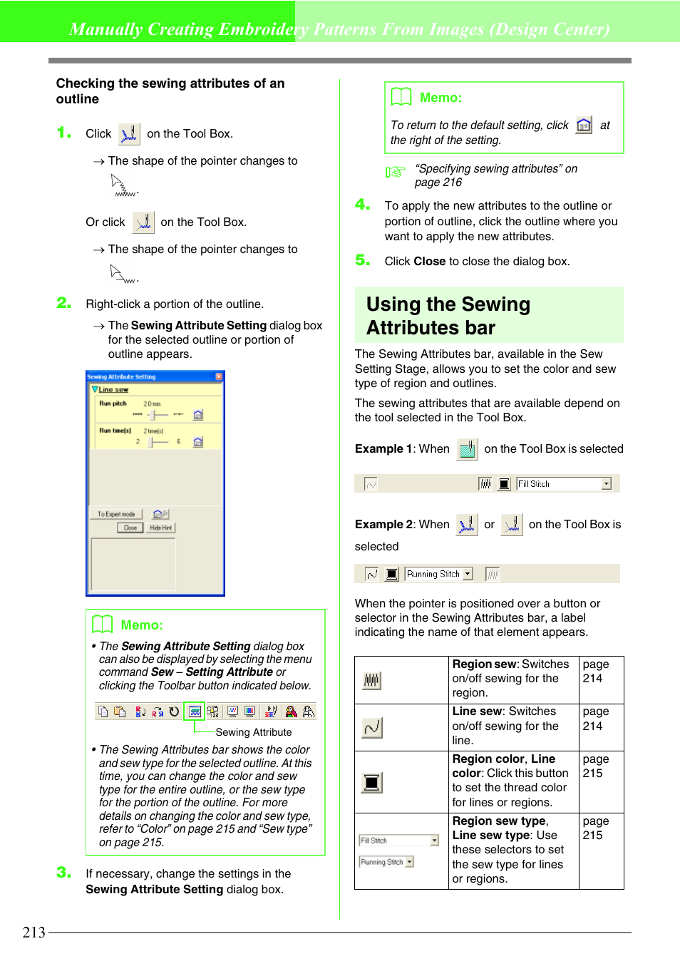 Using the sewing attributes bar | Brother PE-DESIGN V7 User Manual | Page 219 / 361