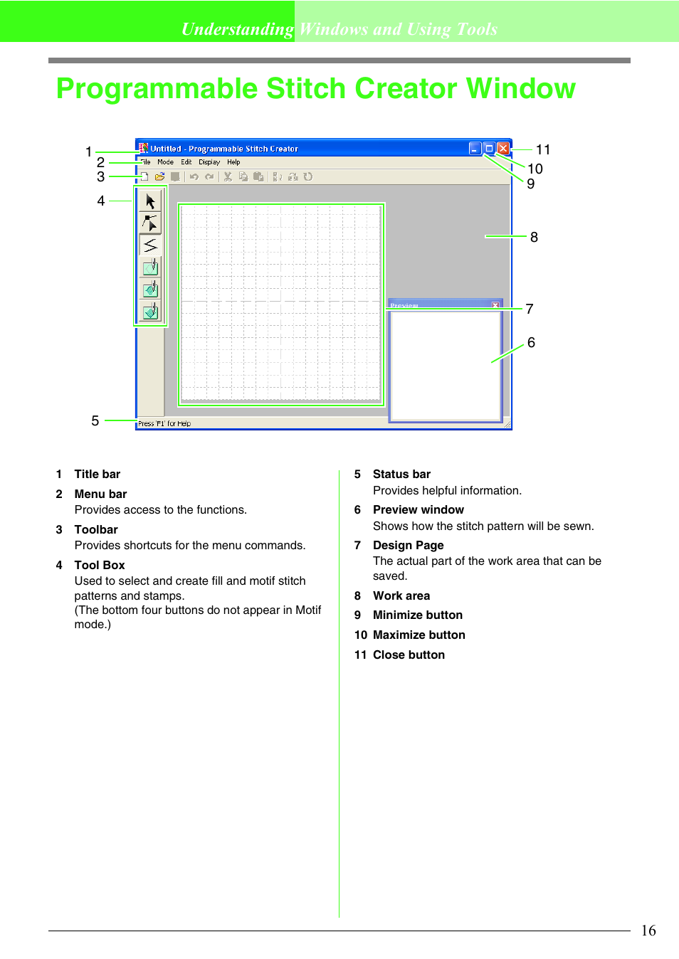 Programmable stitch creator window, Understanding windows and using tools | Brother PE-DESIGN V7 User Manual | Page 22 / 361