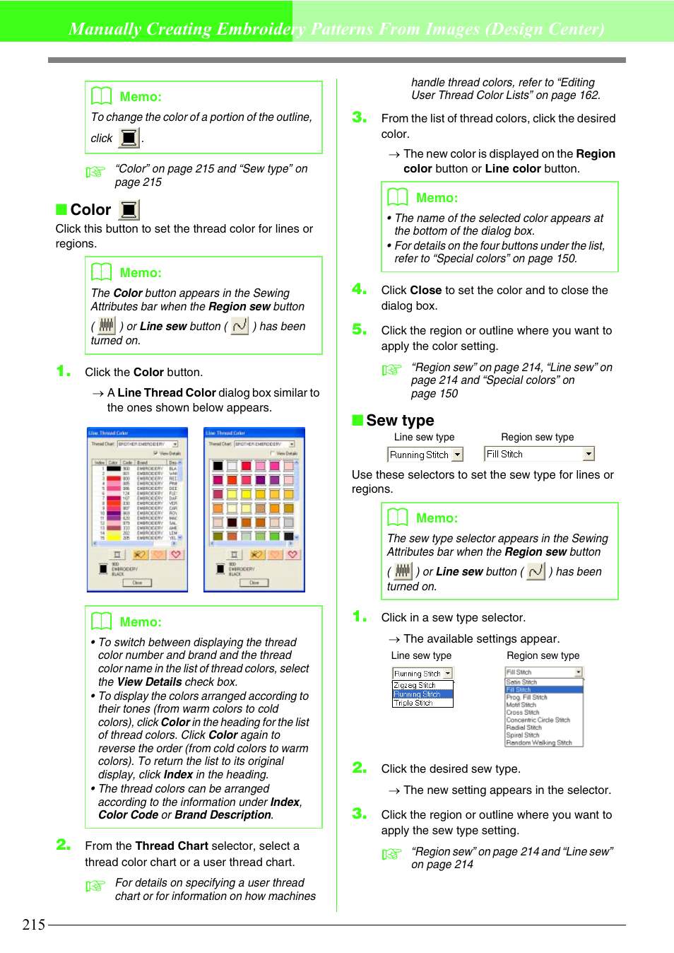 Color, Sew type | Brother PE-DESIGN V7 User Manual | Page 221 / 361