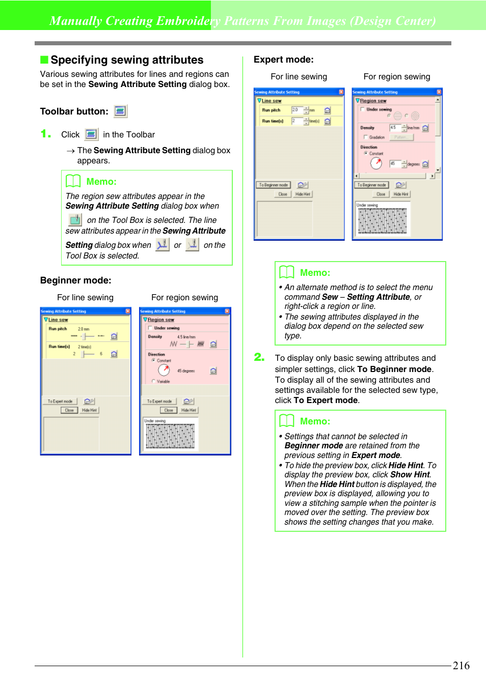 Specifying sewing attributes | Brother PE-DESIGN V7 User Manual | Page 222 / 361