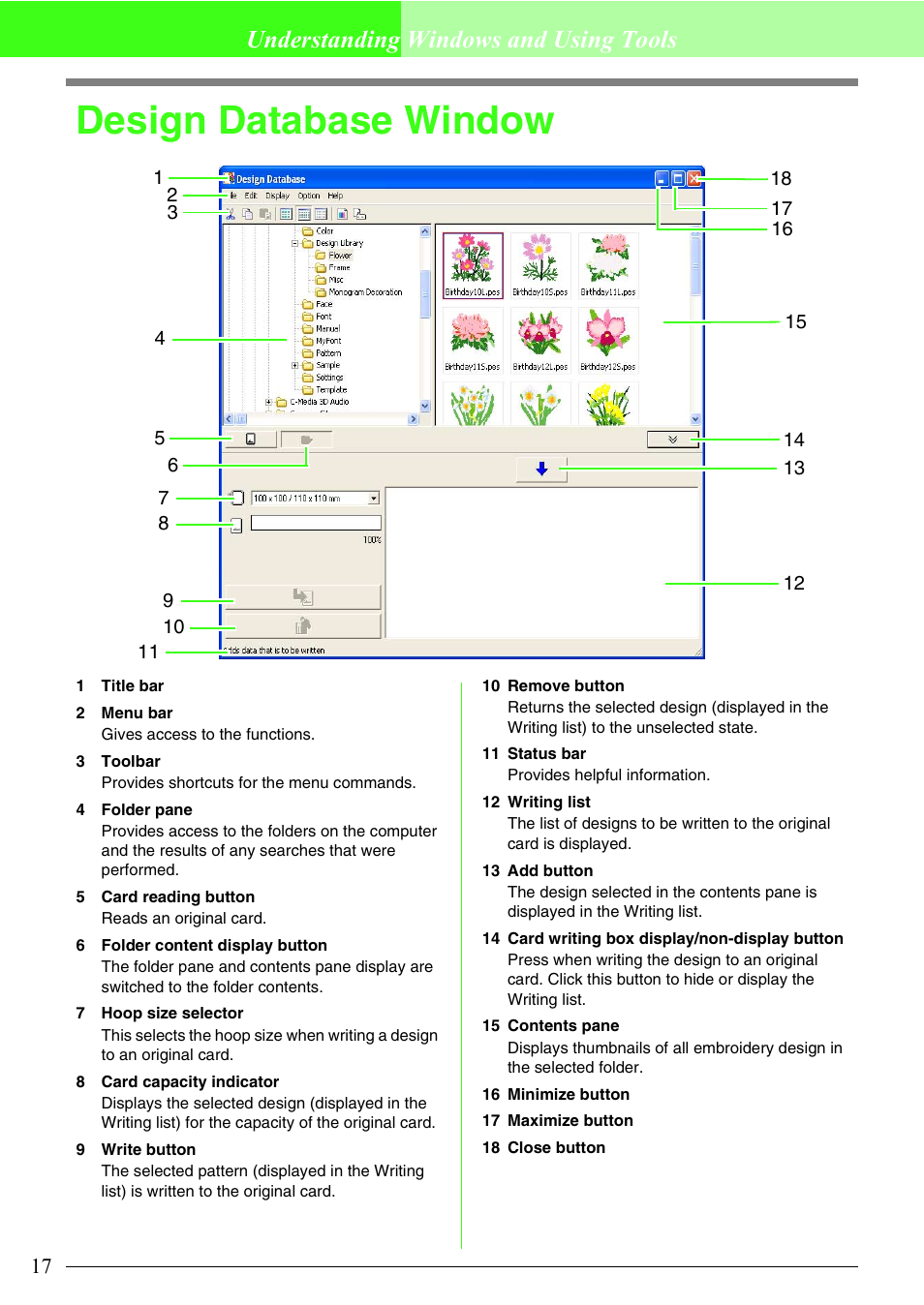 Design database window, Understanding windows and using tools | Brother PE-DESIGN V7 User Manual | Page 23 / 361