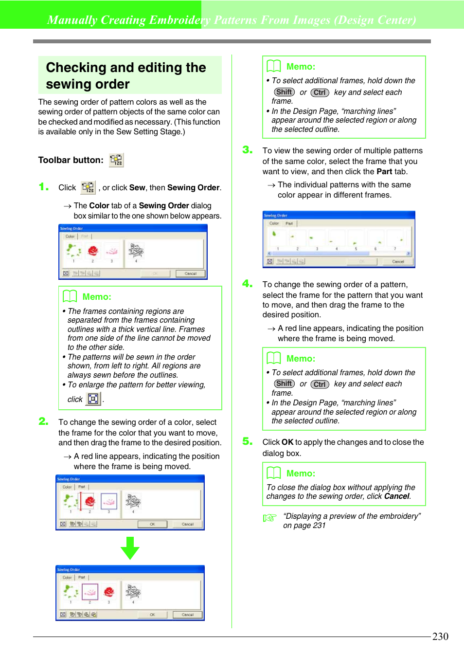 Checking and editing the sewing order | Brother PE-DESIGN V7 User Manual | Page 236 / 361