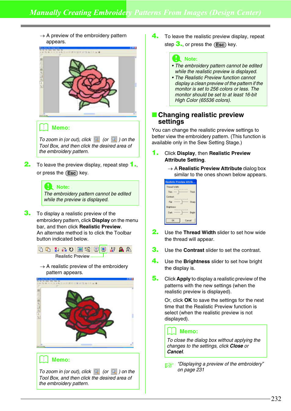 Changing realistic preview settings | Brother PE-DESIGN V7 User Manual | Page 238 / 361