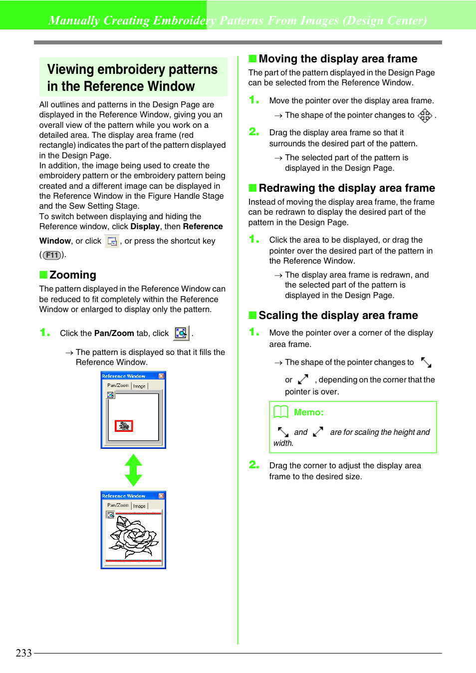 Zooming, Moving the display area frame, Redrawing the display area frame | Scaling the display area frame 1 | Brother PE-DESIGN V7 User Manual | Page 239 / 361