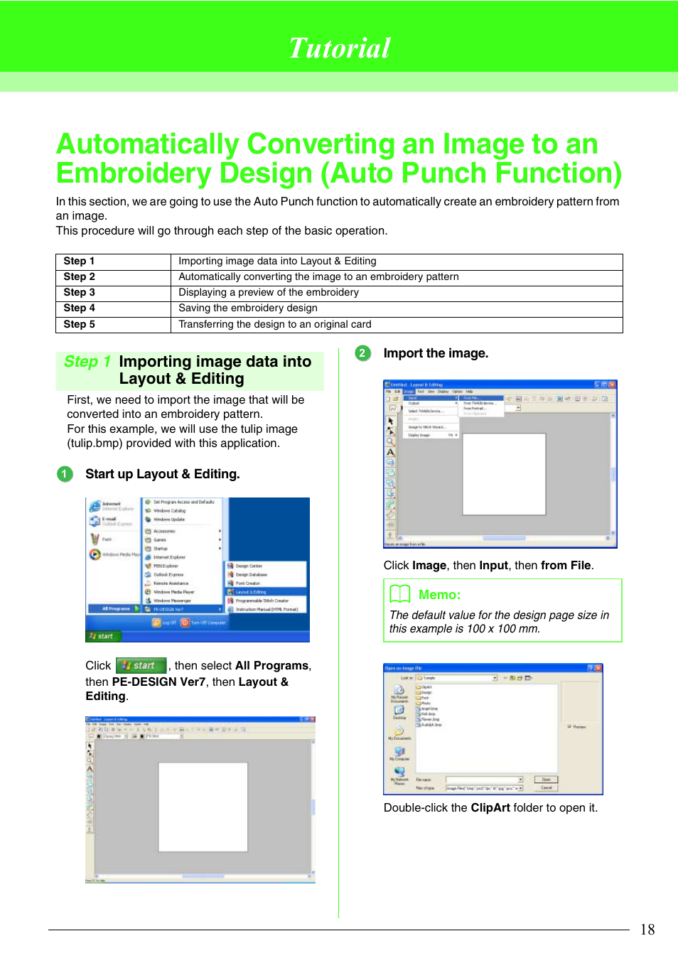 Tutorial, Step 1 importing image data into layout & editing | Brother PE-DESIGN V7 User Manual | Page 24 / 361