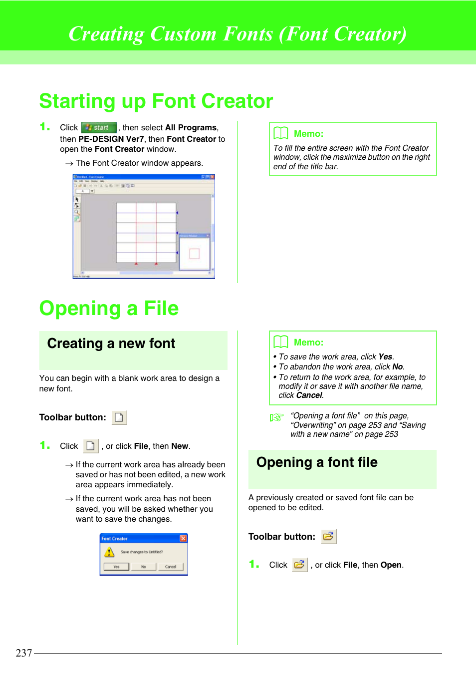 Creating custom fonts (font creator), Starting up font creator, Opening a file | Creating a new font, Opening a font file | Brother PE-DESIGN V7 User Manual | Page 243 / 361