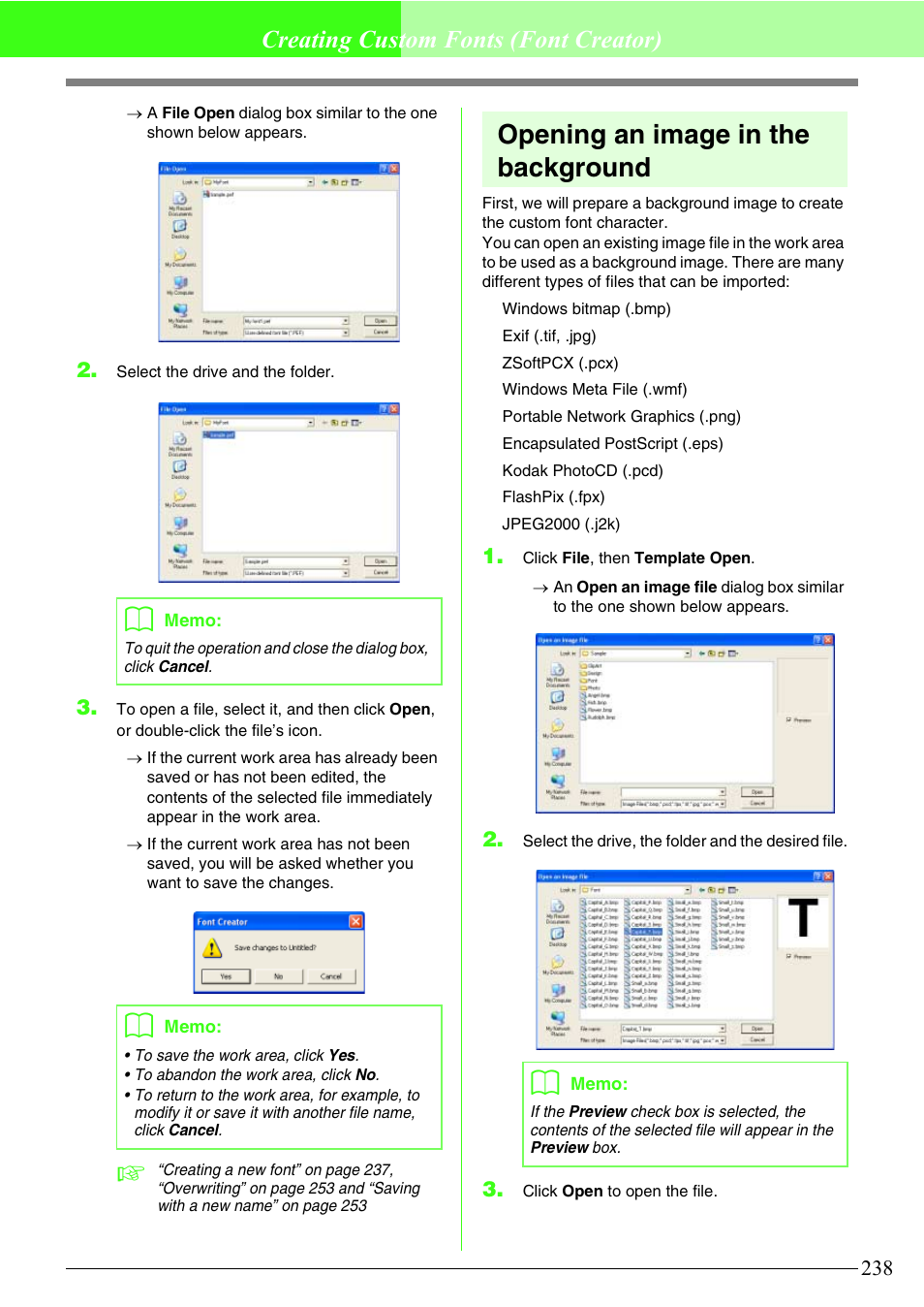 Opening an image in the background, Creating custom fonts (font creator) | Brother PE-DESIGN V7 User Manual | Page 244 / 361