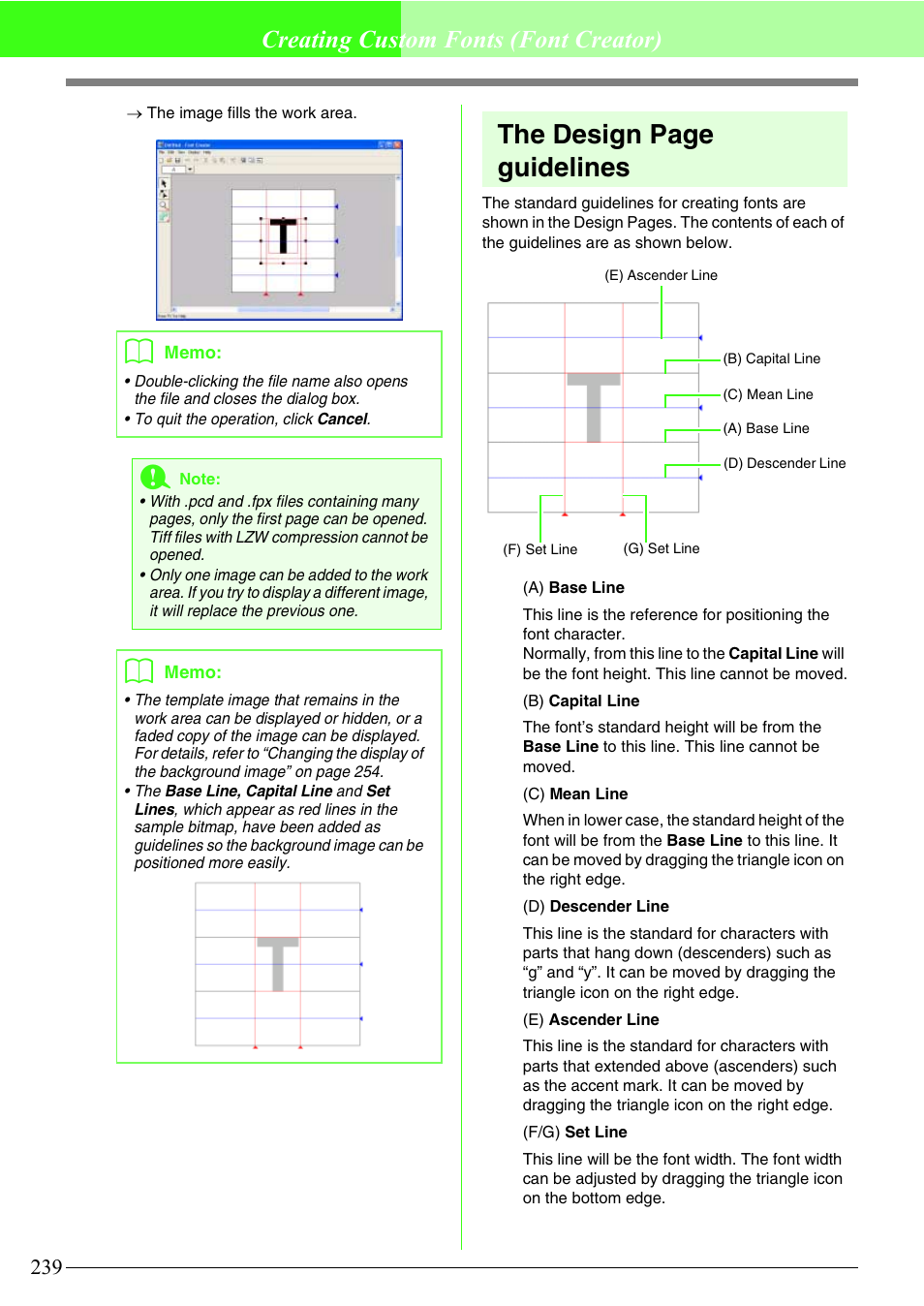 The design page guidelines, Creating custom fonts (font creator) | Brother PE-DESIGN V7 User Manual | Page 245 / 361