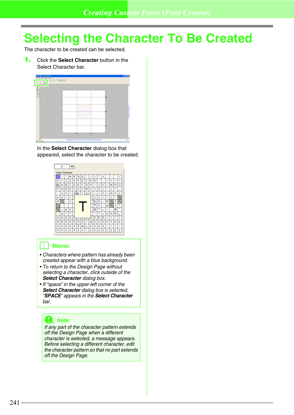 Selecting the character to be created, Creating custom fonts (font creator) | Brother PE-DESIGN V7 User Manual | Page 247 / 361