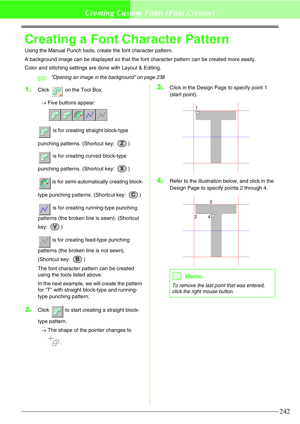 Creating a font character pattern, Creating custom fonts (font creator) | Brother PE-DESIGN V7 User Manual | Page 248 / 361