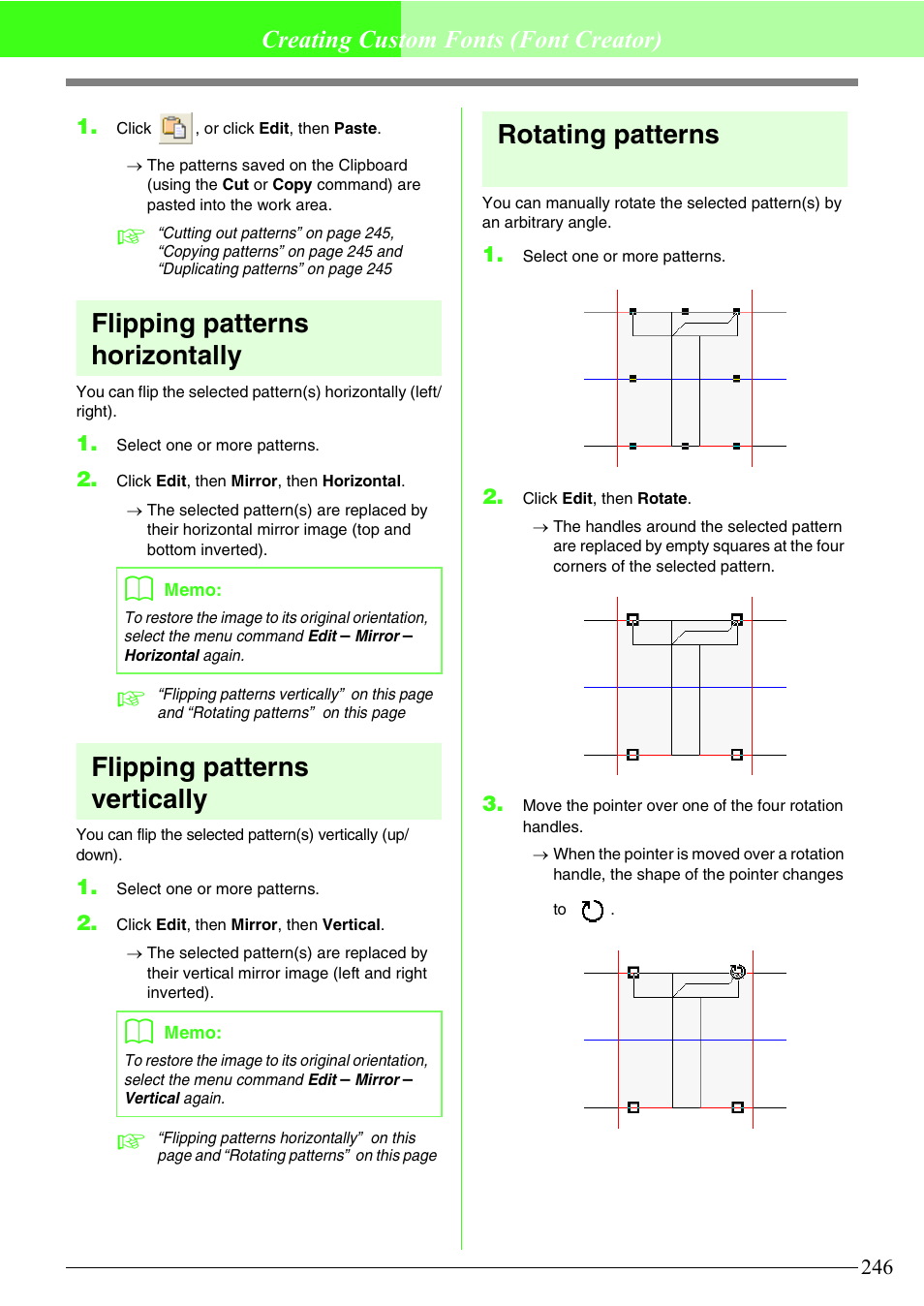 Flipping patterns horizontally, Flipping patterns vertically, Rotating patterns | Creating custom fonts (font creator) | Brother PE-DESIGN V7 User Manual | Page 252 / 361