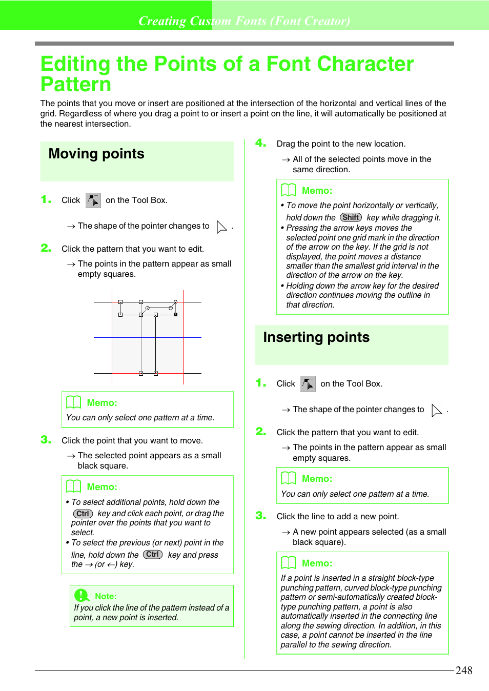 Editing the points of a font character pattern, Moving points, Inserting points | Creating custom fonts (font creator) | Brother PE-DESIGN V7 User Manual | Page 254 / 361