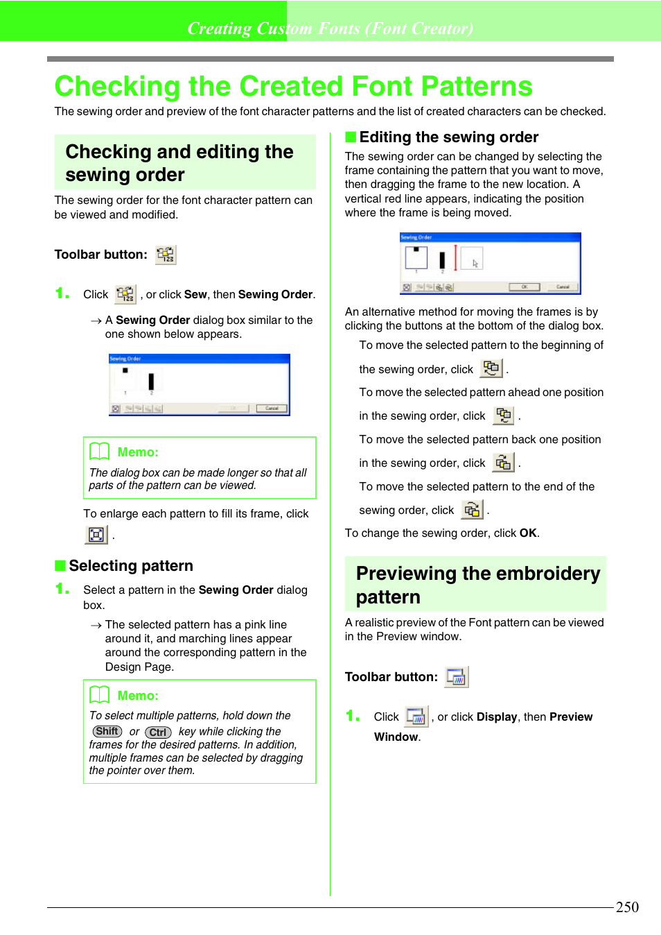 Checking the created font patterns, Checking and editing the sewing order, Previewing the embroidery pattern | Creating custom fonts (font creator), Selecting pattern 1, Editing the sewing order | Brother PE-DESIGN V7 User Manual | Page 256 / 361