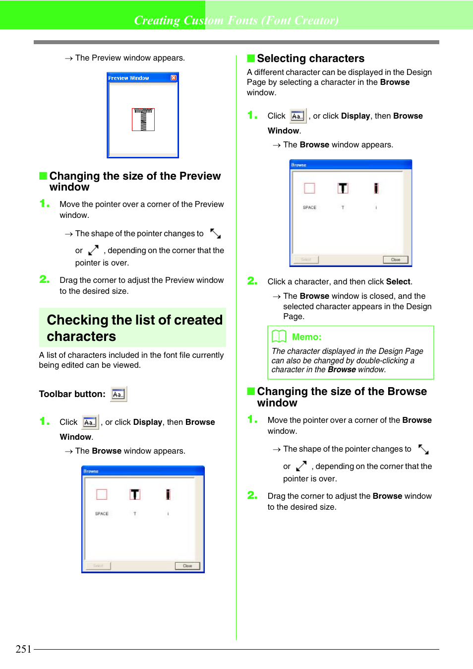 Checking the list of created characters, Creating custom fonts (font creator), Changing the size of the preview window 1 | Selecting characters, Changing the size of the browse window 1 | Brother PE-DESIGN V7 User Manual | Page 257 / 361