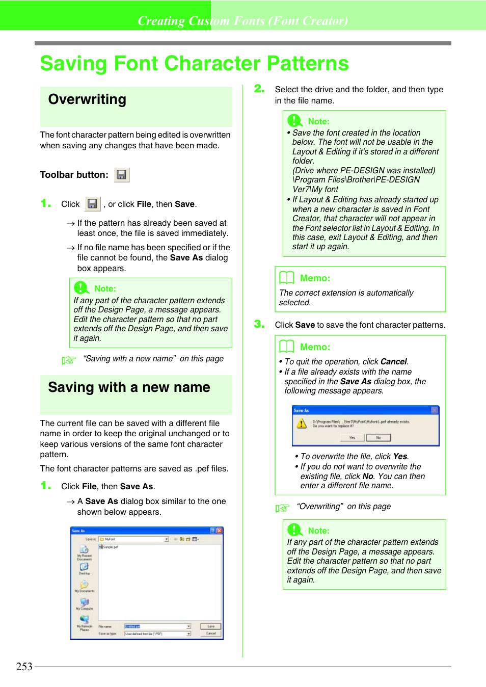 Saving font character patterns, Overwriting, Saving with a new name | Creating custom fonts (font creator) | Brother PE-DESIGN V7 User Manual | Page 259 / 361