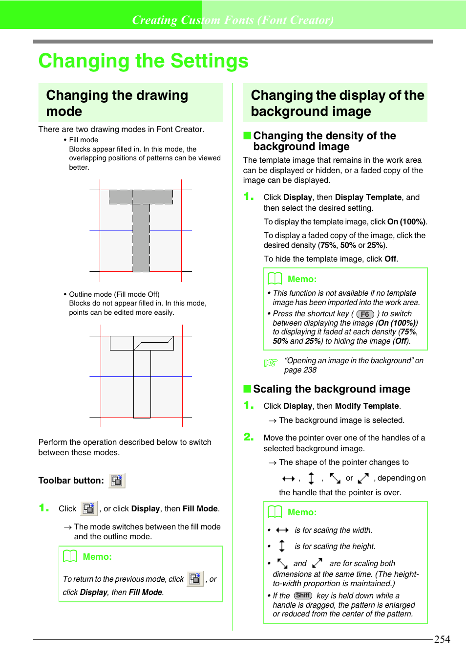 Changing the settings, Changing the drawing mode, Changing the display of the background image | Creating custom fonts (font creator), Changing the density of the background image, Scaling the background image 1 | Brother PE-DESIGN V7 User Manual | Page 260 / 361