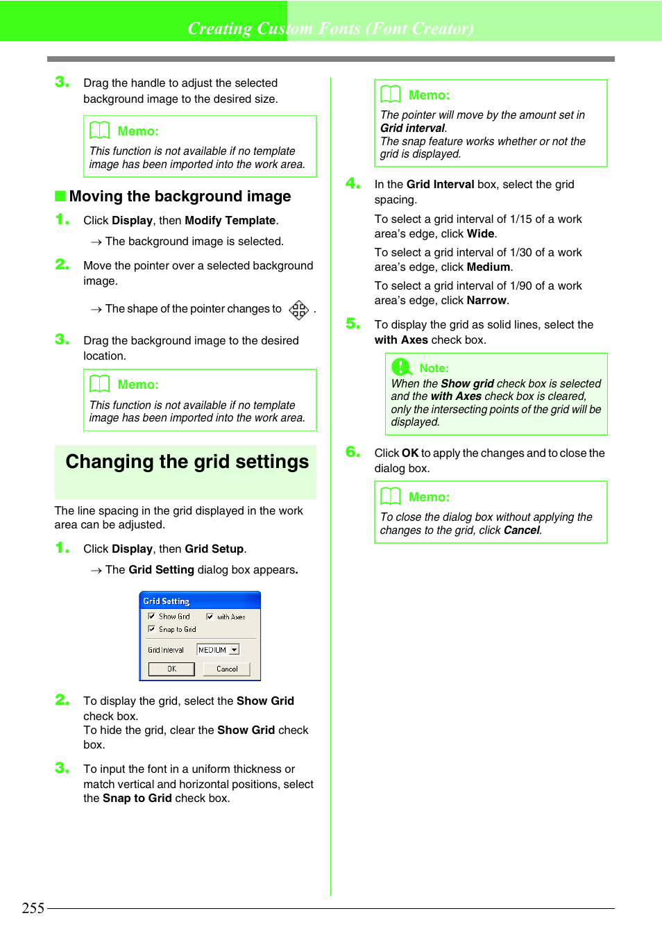 Changing the grid settings, Creating custom fonts (font creator) | Brother PE-DESIGN V7 User Manual | Page 261 / 361