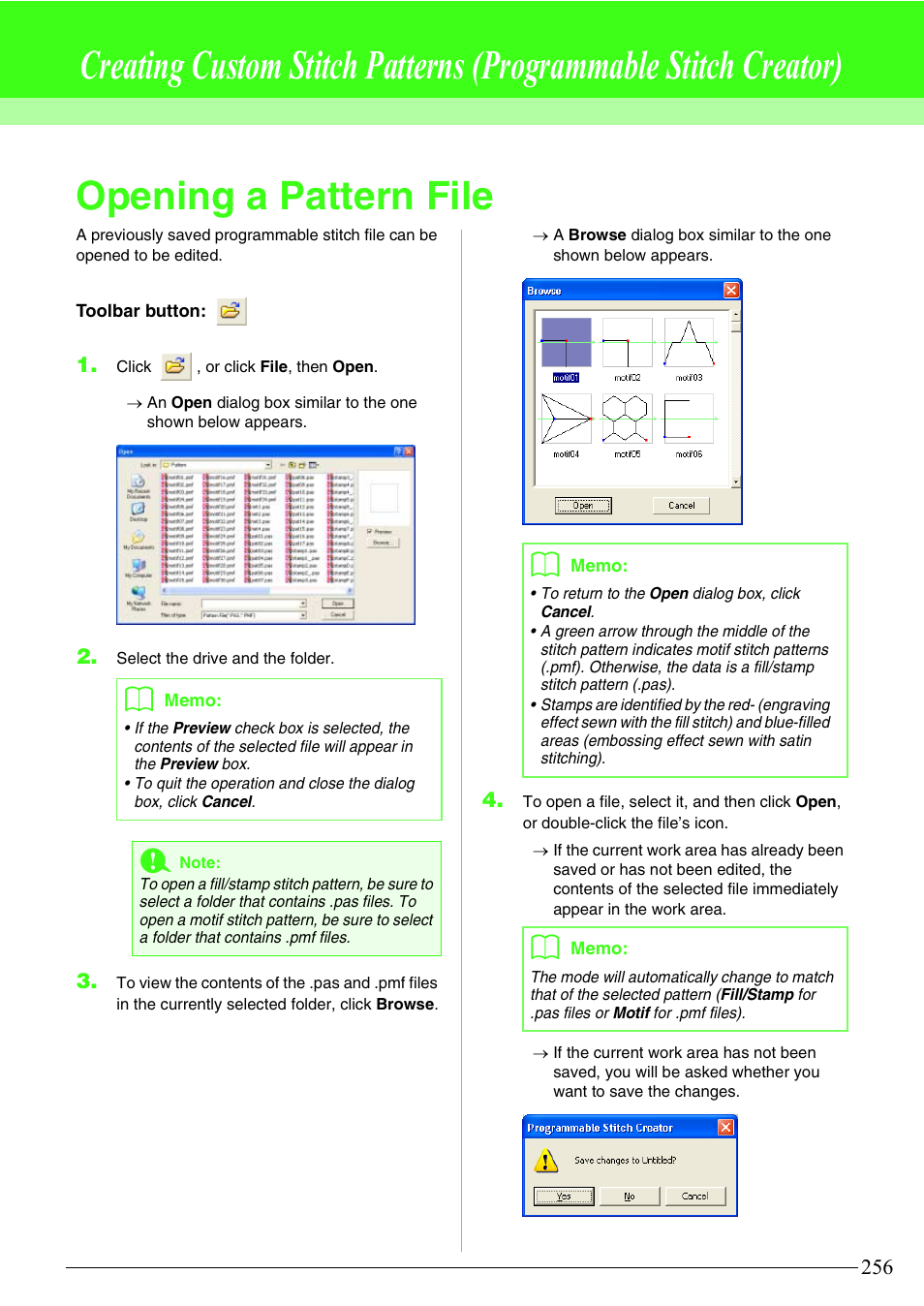Opening a pattern file | Brother PE-DESIGN V7 User Manual | Page 262 / 361